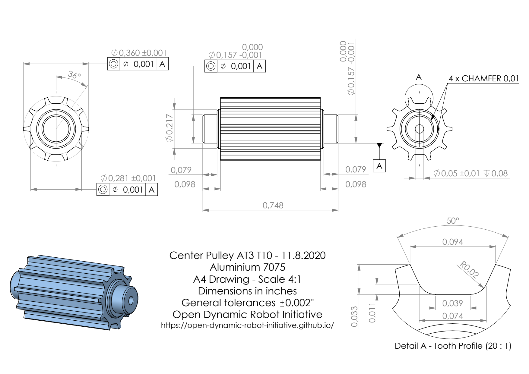 ODRI Center Pulley AT3 T10 drawing
